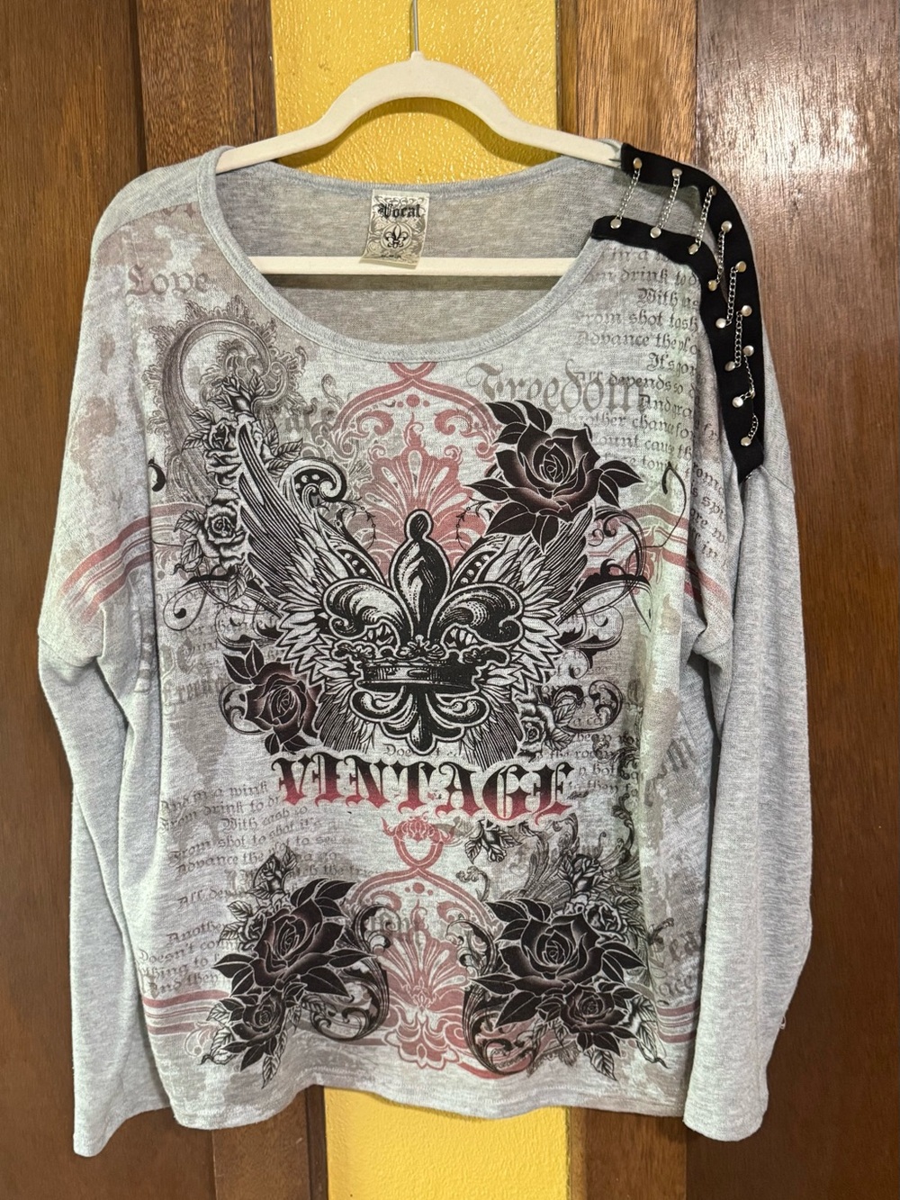 Vocal Gray Long-Sleeve Graphic Top with Black & Pink Accents